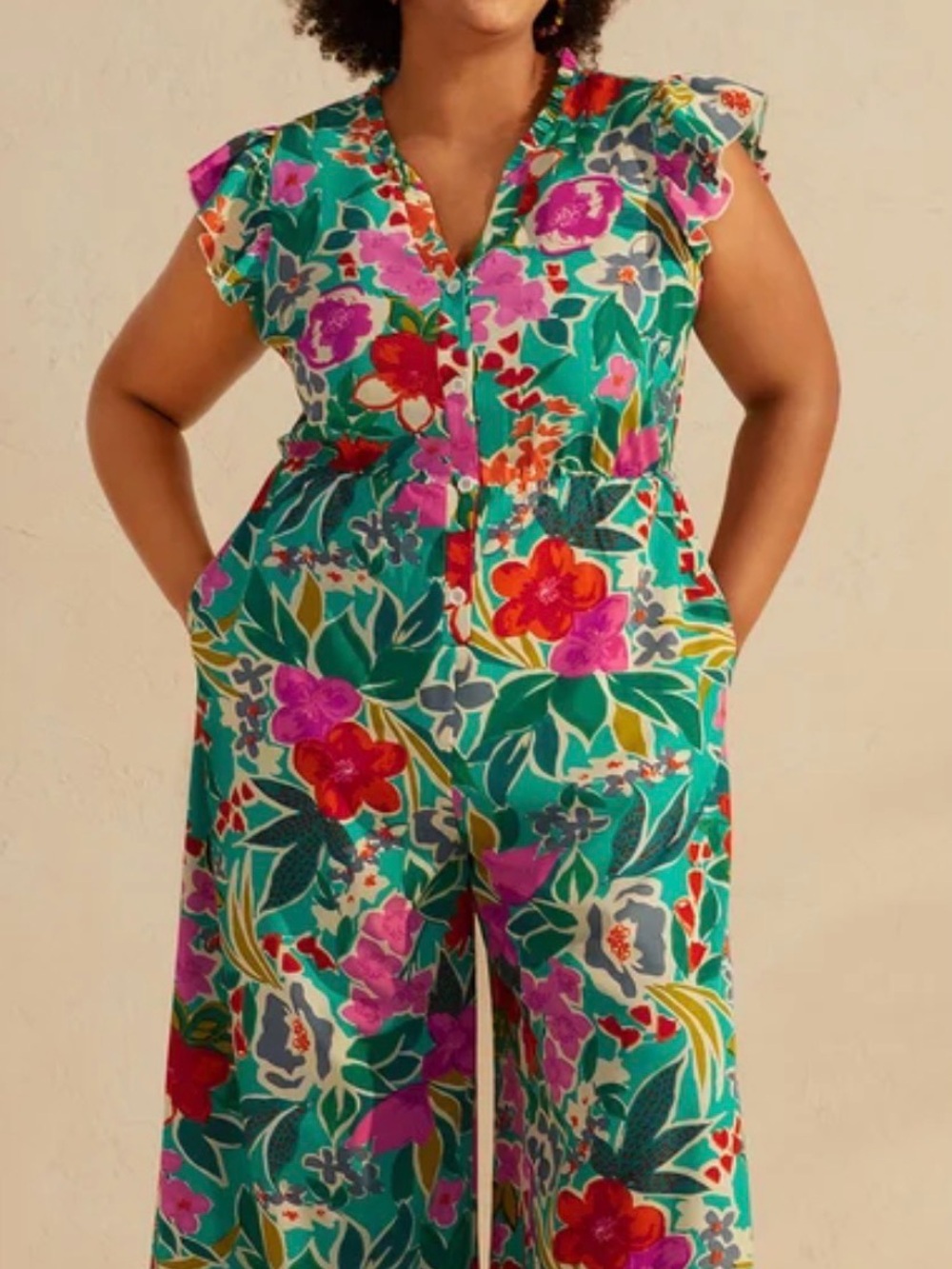 BloomChic Teal Floral Wide-Leg Jumpsuit with Pink & Red Accents